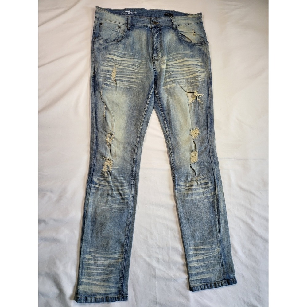 Copper Rivet Mens Slim Fit Distressed Light Wash Blue Moto Denim Jeans 38x32